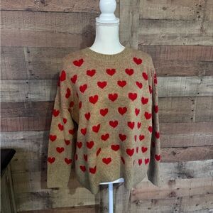 Vince Camuto Red and Tan Crew Neck Sweater with Heart Pattern